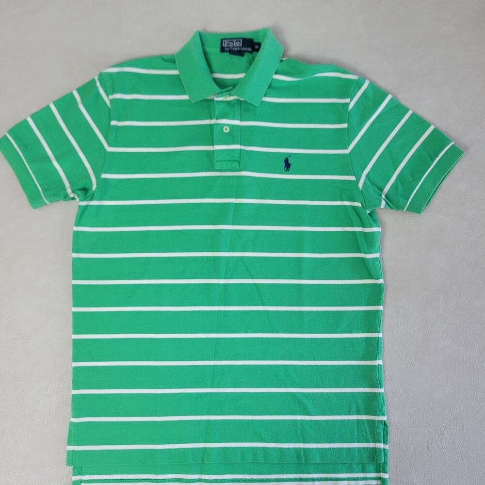 Vtg 90s Mens Ralph Lauren Polo Shirt Medium Green White Striped Short Sleeve